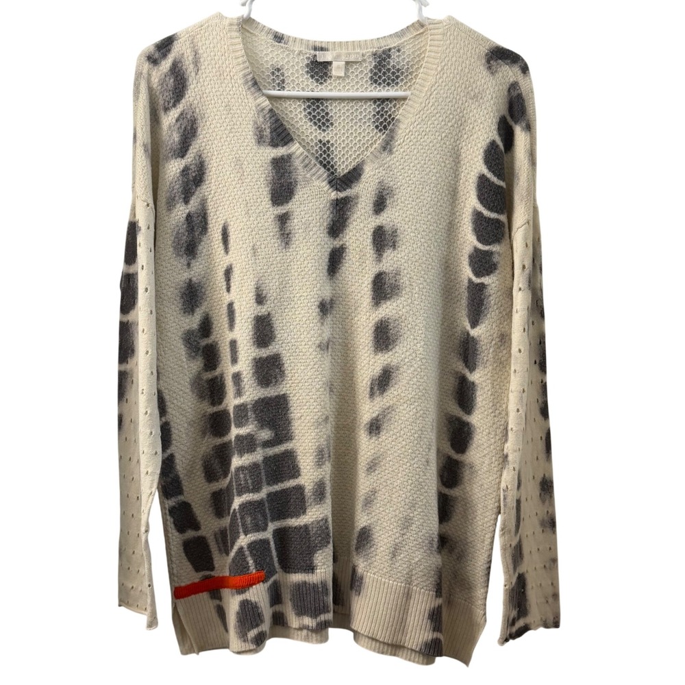 Lisa Todd Tie Dye V Neck‎ Sweater Cream Charcoal Cotton Cashmere Size S Cozycore